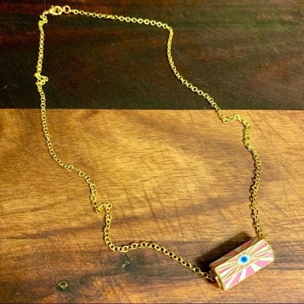 Evil Eye Charm Necklace in Pink White and Gold 18k GF Chain